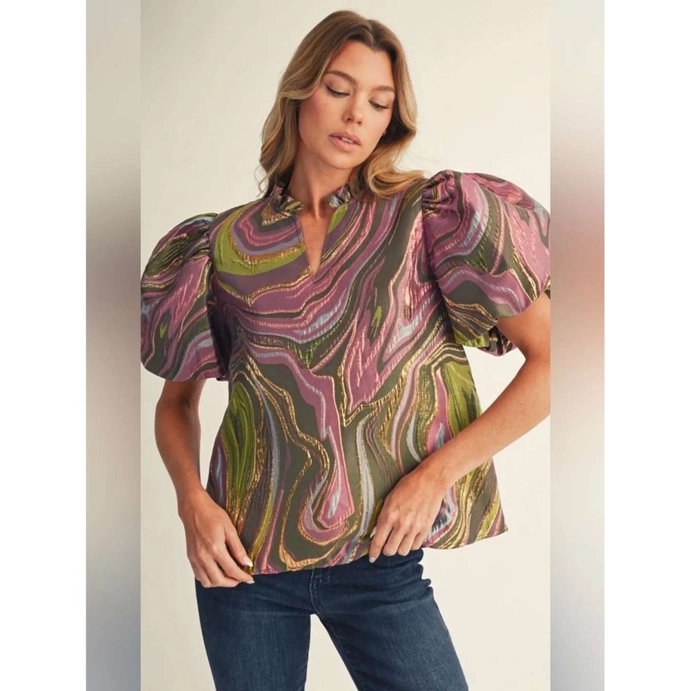 NWT Jodifl Los Angeles Metallic Gold Swirl Puff Sleeve Blouse Sz Medium Dopamine